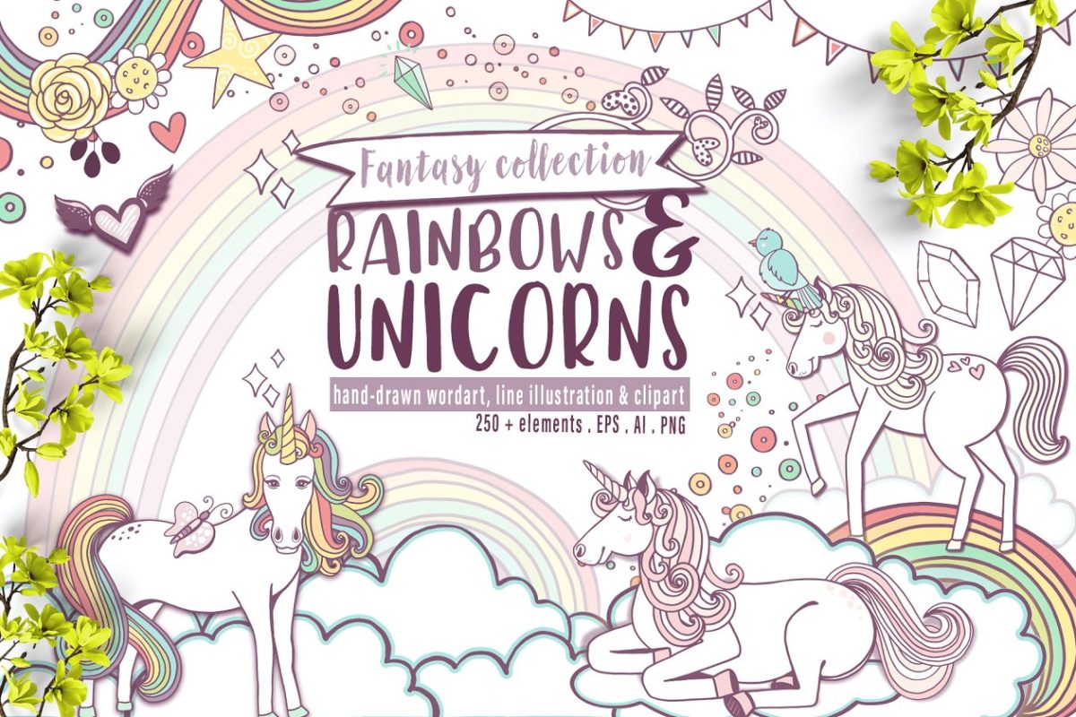 梦幻彩虹童话独角兽卡通素材 Rainbows & Unicorns