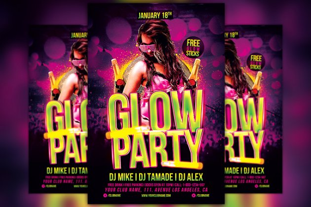 舞会派对宣传单模板 Glow Party Flyer Template