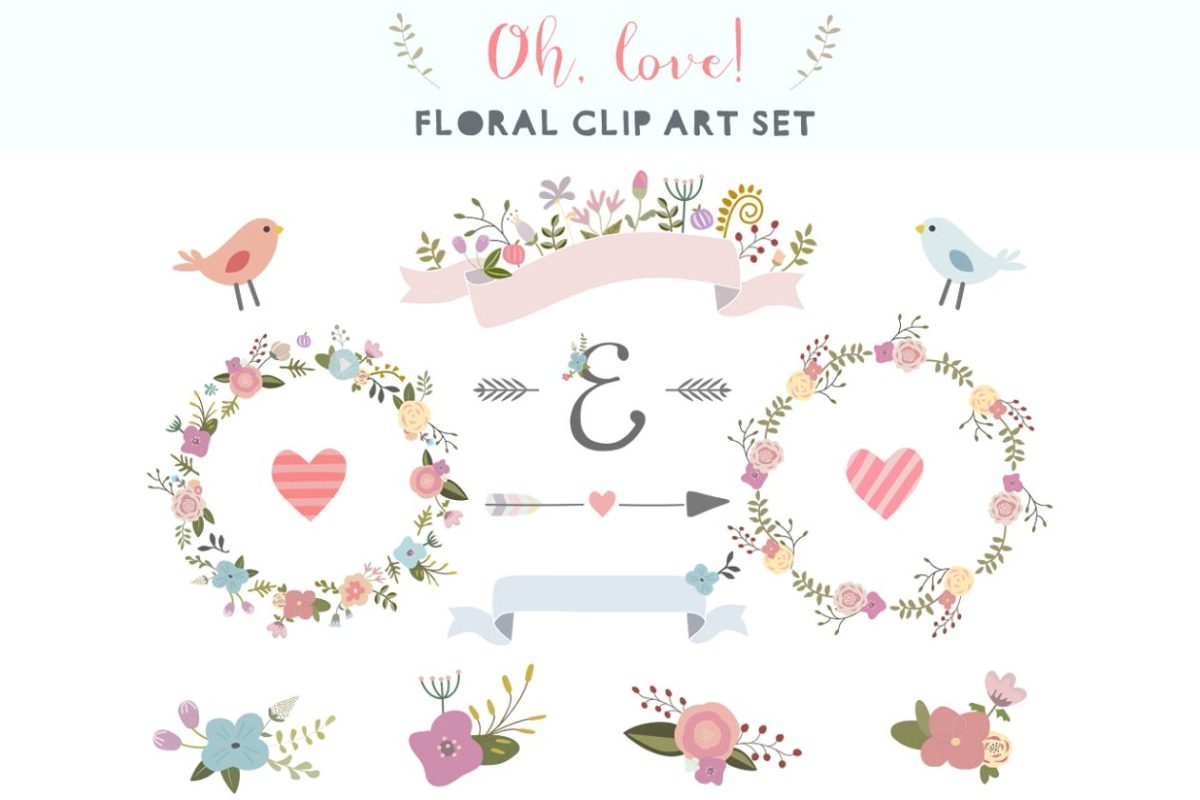 爱情主题的图形素材 Oh, love! floral clip art set