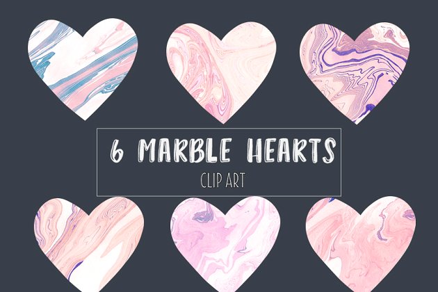 粉红色的大理石爱心插画 Marble hearts clipart in pink