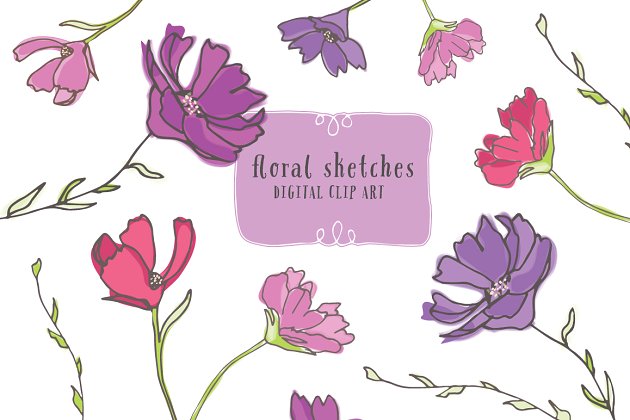有趣的手绘花卉素材 Floral Sketches – Floral Clip Art