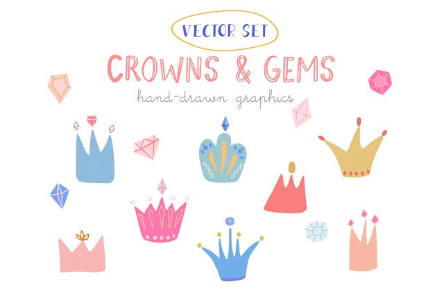 矢量手绘王冠和宝石图标 Vector hand drawn crowns and gems
