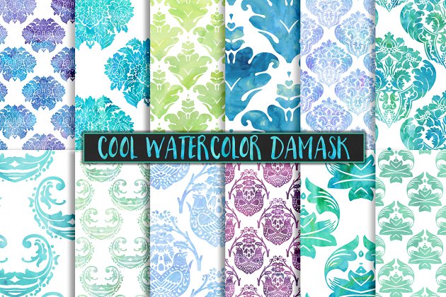 凉爽的水彩锦缎背景纹理 Cool Watercolor Damask Backgrounds