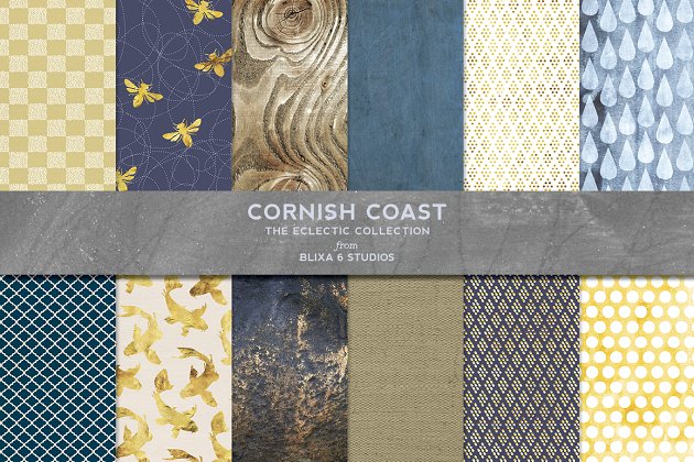烫金金箔水彩背景纹理 Cornish Coast Gold & Watercolors