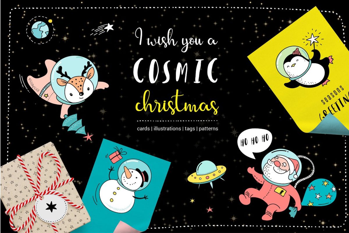 漫画卡通宇宙元素 Cosmic Christmas in outer space