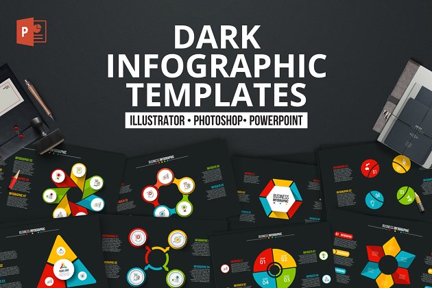 酷黑背景信息图表数据幻灯片模板素材 Dark infographics templates