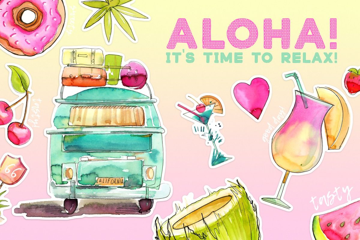 夏季水果饮料插画 Aloha!!! Time to Relax