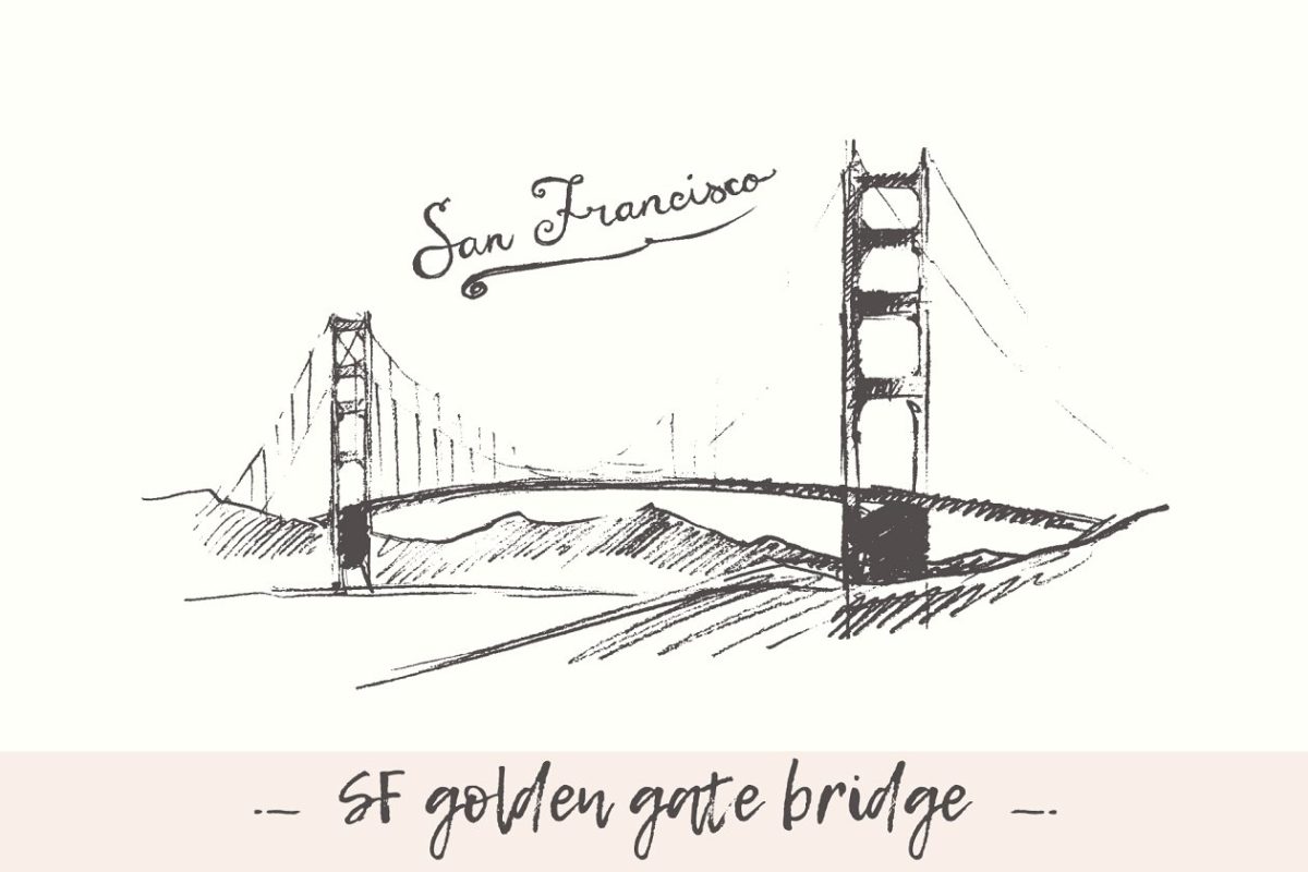 旧金山金门大桥素描插画 San Francisco Golden Gate Bridge