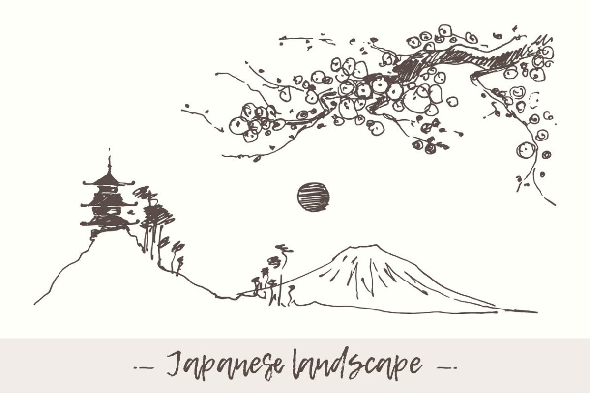 富士山素描插画 Mount Fuji with pagoda