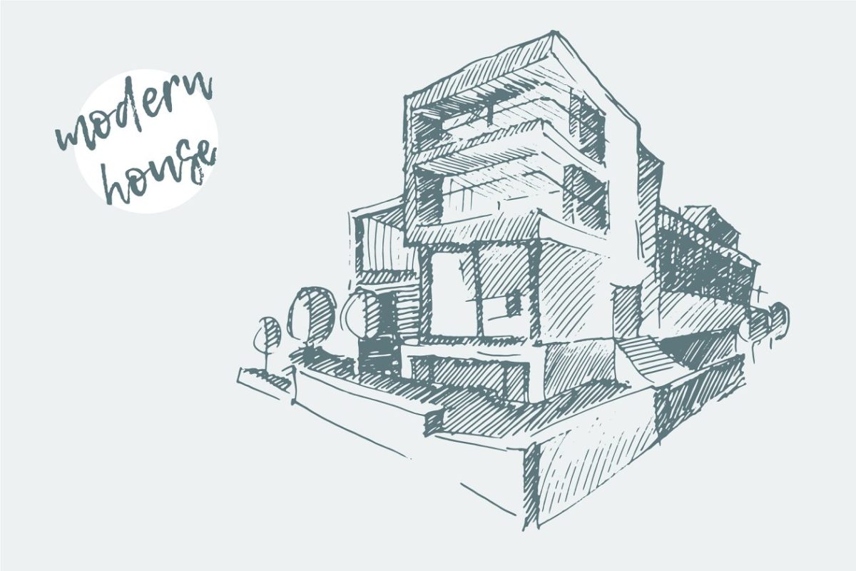 现代住宅的建筑师草图 Architect draft of modern house