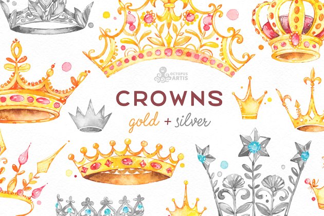 金色皇冠logo设计模板 Crowns. Gold & Silver.