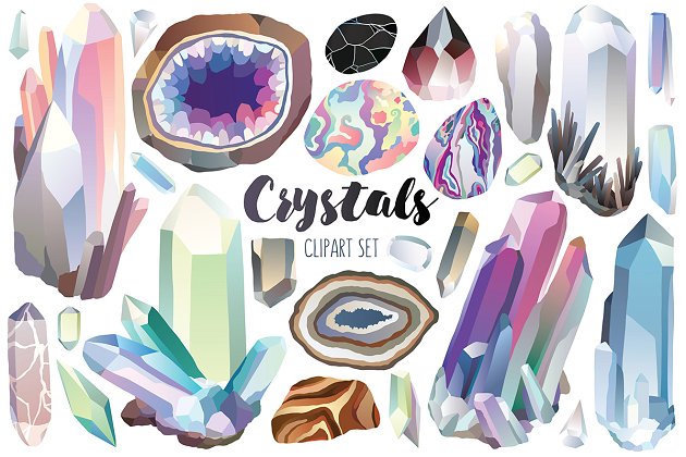 水晶与宝石水彩画素材 Crystals & Gems Clipart Bundle