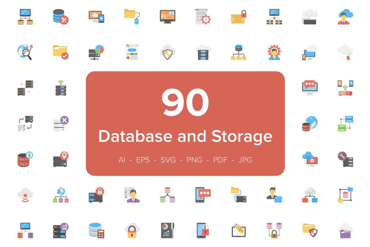 数据库和存储平面图标 90 Database and Storage Flat Icons