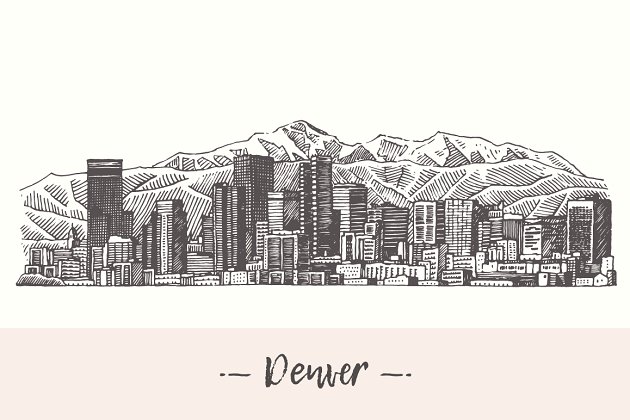 天际线素描插画 Denver skyline, USA