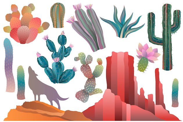 漂亮的沙漠和仙人掌元素素材 Desert & Cactus Clipart Vector, PNG