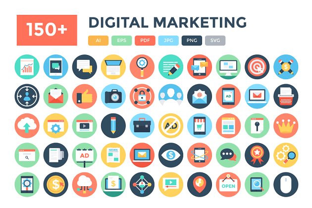 150个市场营销图标 150+ Flat Digital Marketing Icons