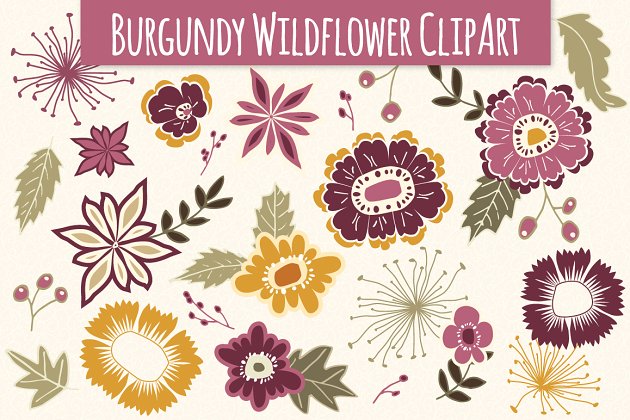 野花矢量元素 Wildflower Elements in Burgundy