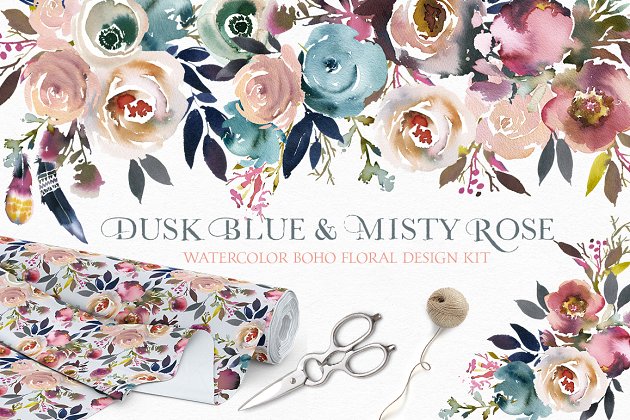 暗蓝色波希米亚风格水彩花卉插画 Dusk Blue & Misty Rose Boho Flowers