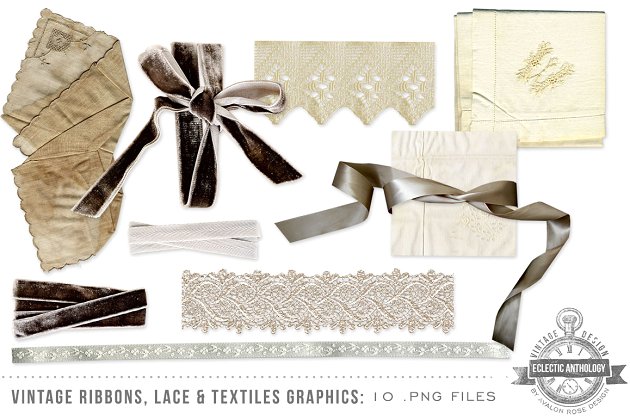 经典蕾丝缎带实物图形 Vintage Ribbon Lace & Fabric Graphic
