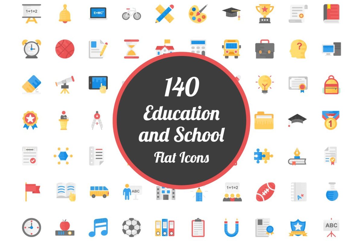 140个教育和学校矢量图标 140 Education and School Flat Icons