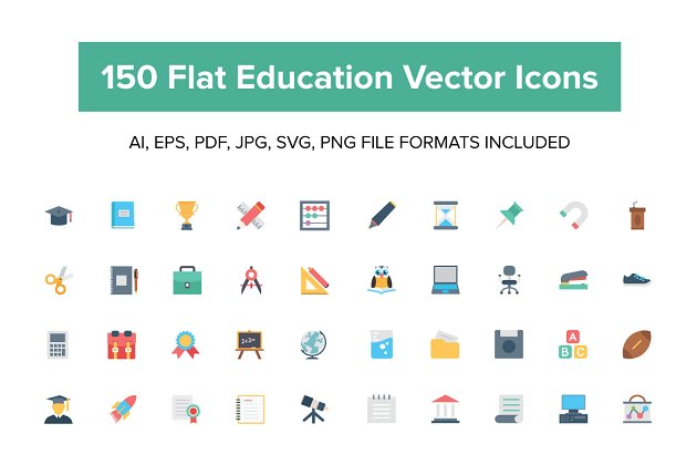 教育矢量图标素材 150 Flat Education Vector Icons
