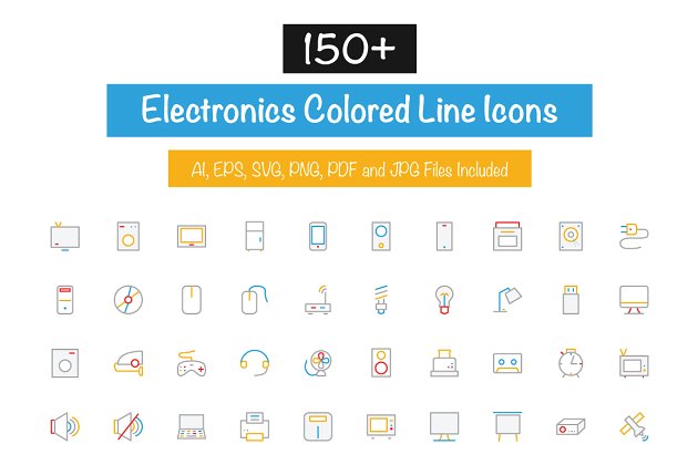 150+电子设备图标素材 150+ Electronics Colored Line Icons