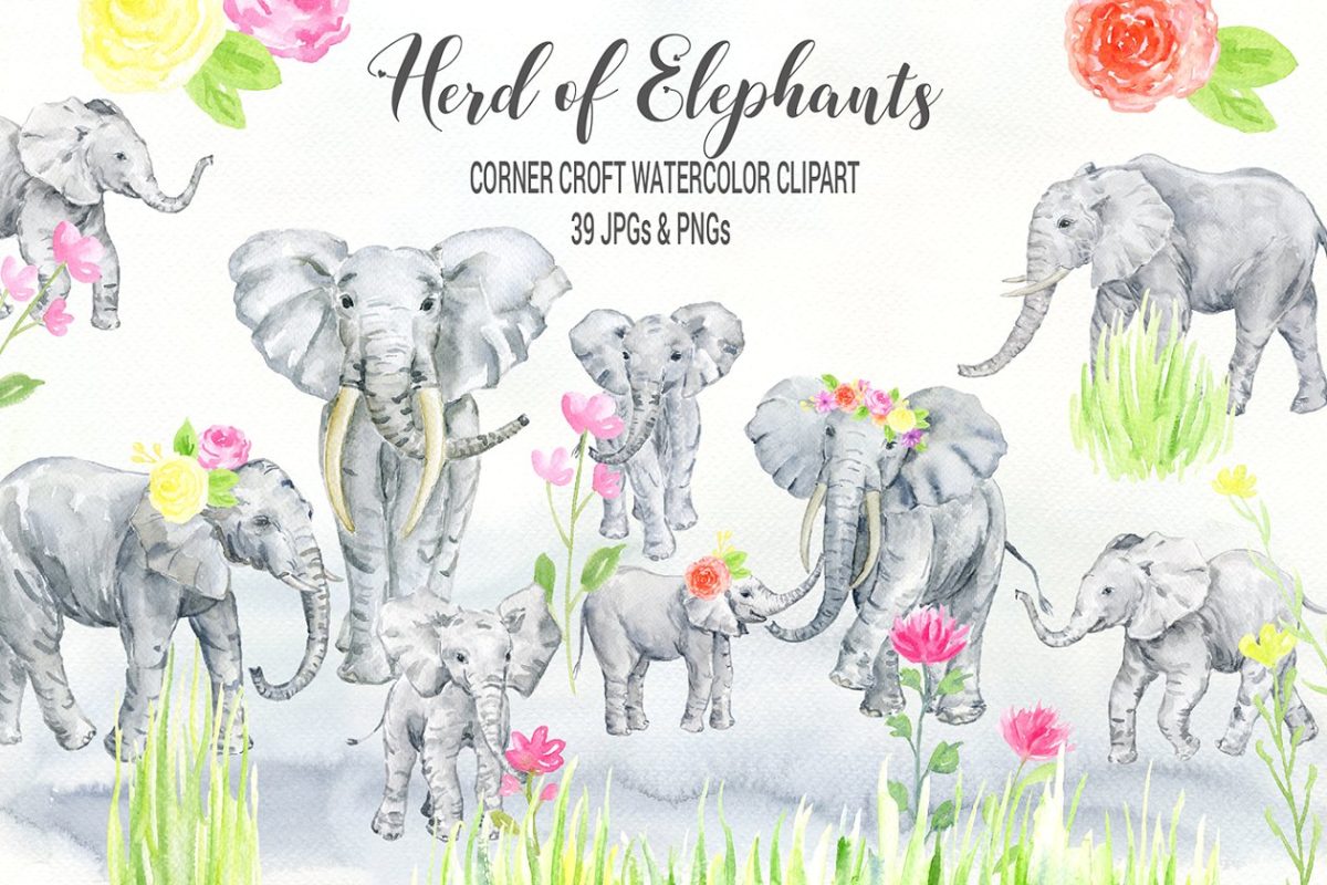 水彩群的大象 Watercolor Herd of Elephants