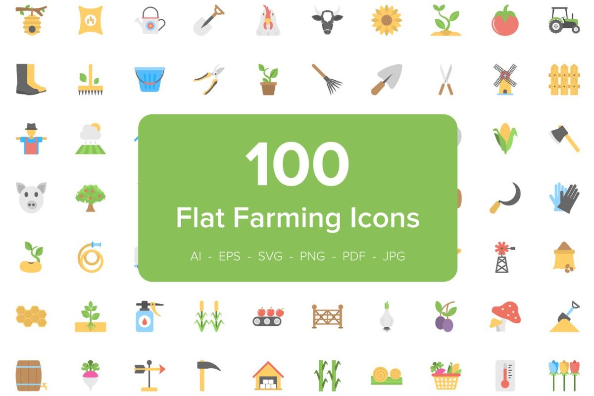 100个农业平面矢量图标 100 Farming Flat Vector Icons