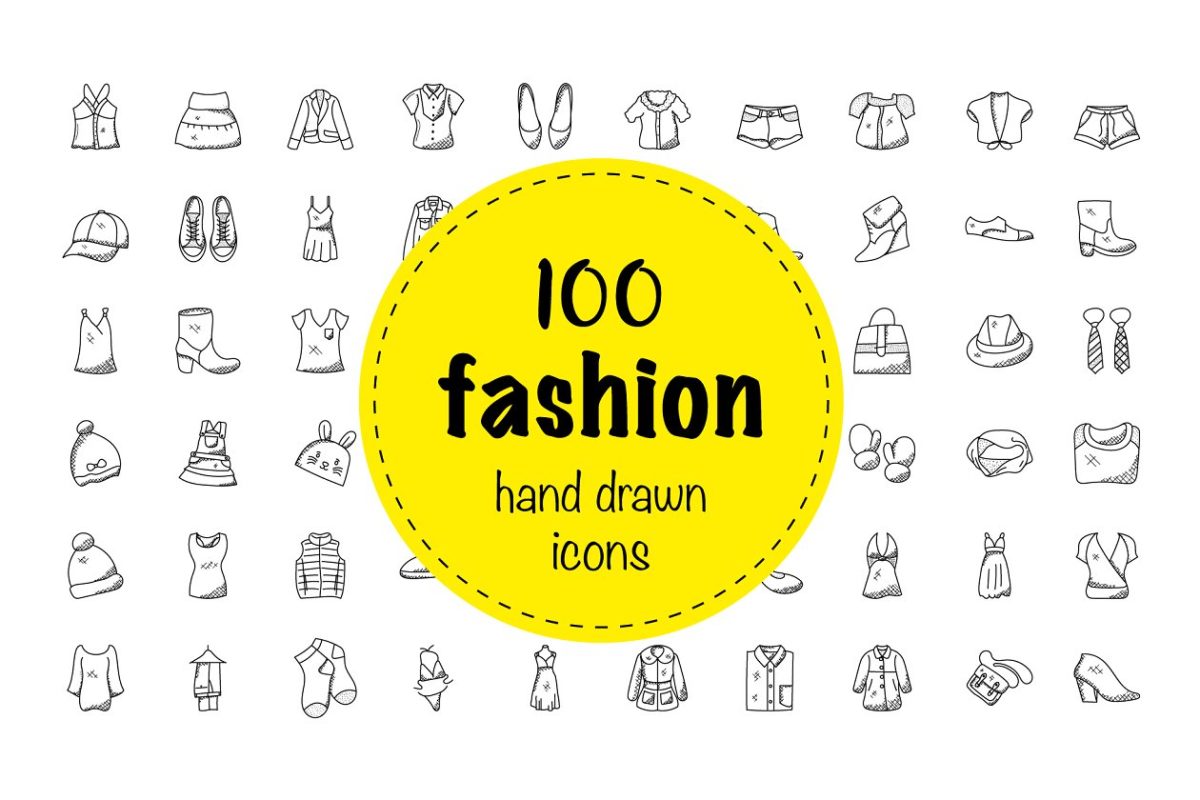 100个手绘涂鸦图标素材 100 Hand Drawn Doodle Fashion Icons