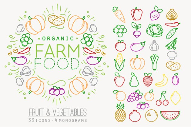 扁平化水果蔬菜图标设计 Flat Fruits & Vegetables Icons