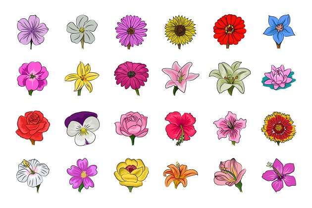 手绘花卉素材图标大全 Floral Hand Drawn Colored Icons