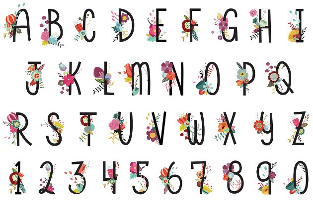 可爱的数字花卉字体包 Floral Letters & Numbers Vector, PNG