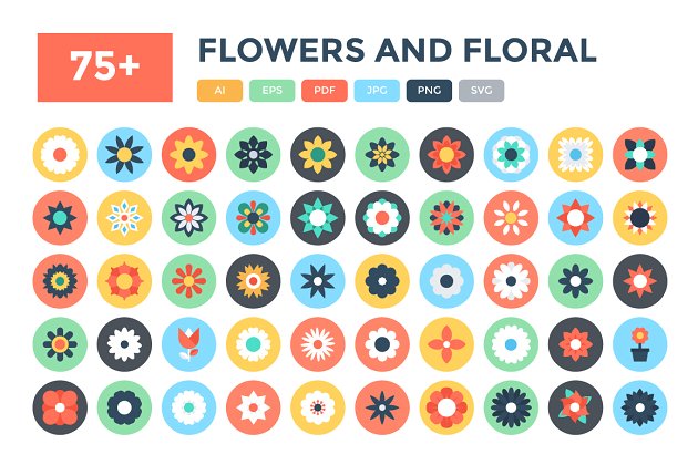 花卉矢量图标 75+ Flat Flowers and Floral Icons