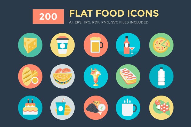 200个扁平化食物矢量图标素材 200 Flat Food Vector Icons