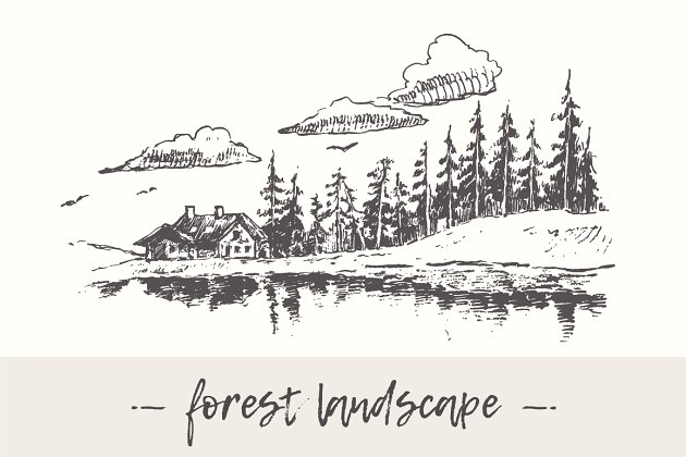 湖屋和森林景观素描插画 Landscape with lake house and forest