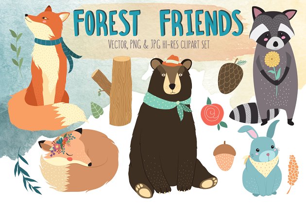 森林的朋友动物素材包 Forest Friends Vector Clipart Bundle
