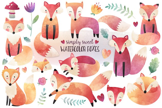 水彩狐狸素材图形 Watercolor Fox Clipart Bundle