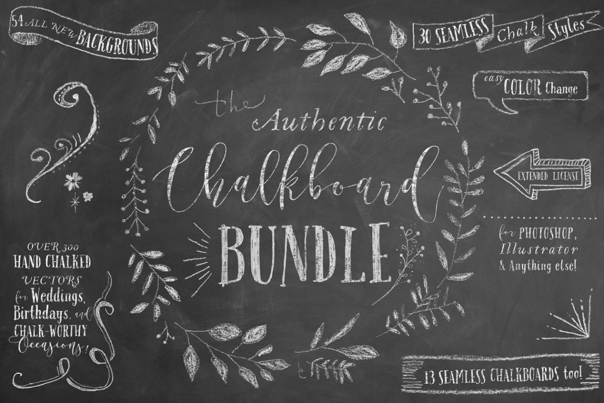 黑板粉笔画手绘素材 The Authentic Chalkboard Bundle