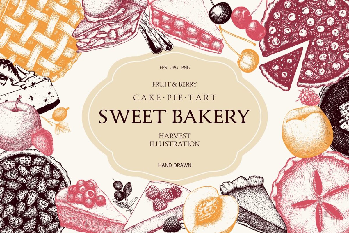 水果糕点和甜点插画套装 Fruit Pastries & Desserts Set