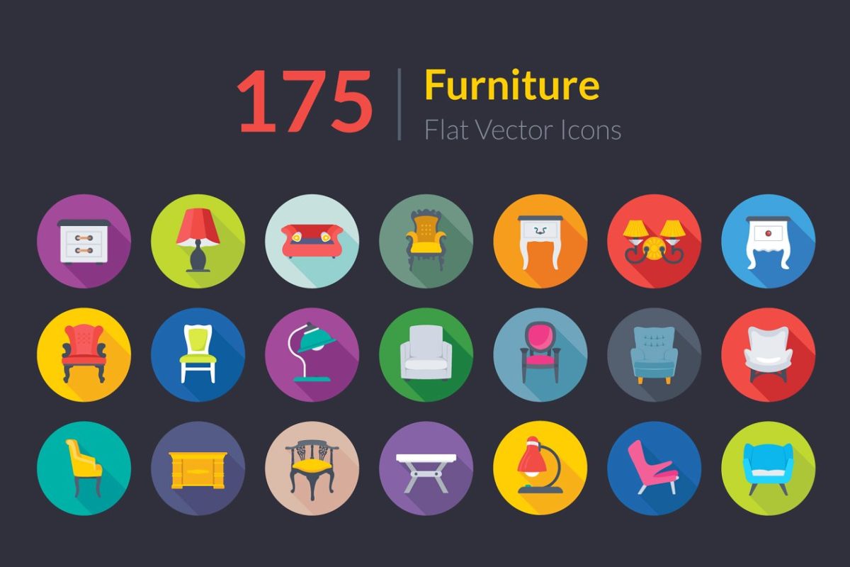 175个扁平化家具图标 175 Flat Rounded Furniture Icons
