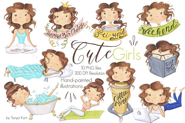 可爱的女孩卡通插画素材 Cute Girls Hand-Painted Clipart