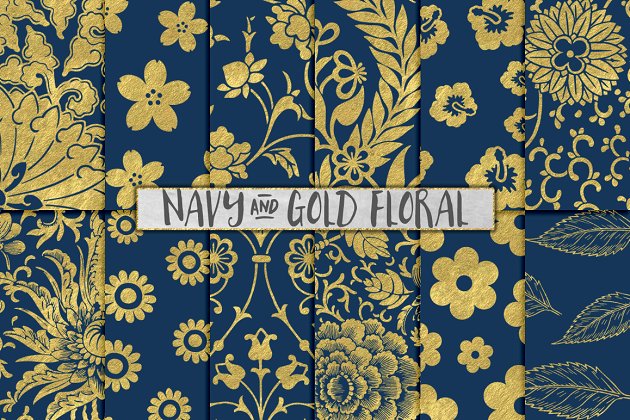 海军蓝和金色的花卉背景纹理 Navy and Gold Floral Backgrounds