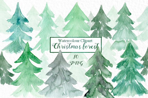 圣诞森林水彩画 Christmas tree forest watercolor.