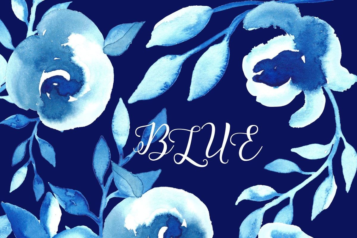 蓝色水彩花卉素材 Bleu flowers Watercolor clip art