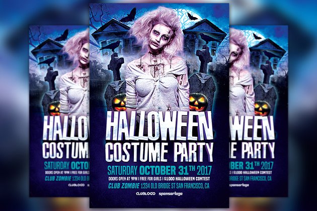万圣节服装海报设计模板 Halloween Costume Party Flyer