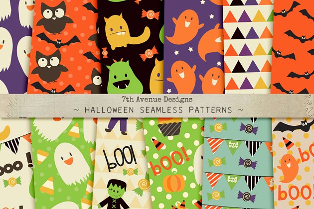 万圣节派对节日元素纹理 Halloween Seamless Patterns