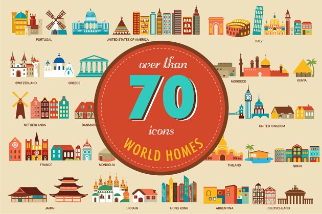 旅行名胜插画 Homes from the world 70 illustration