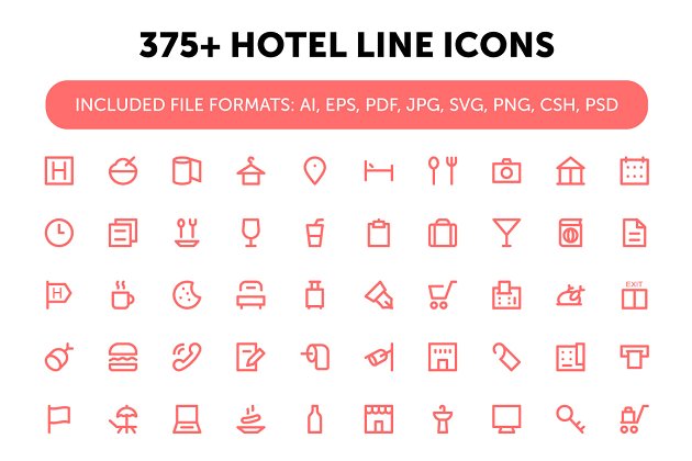 375+酒店矢量图标素材 375+ Hotel Line Icons