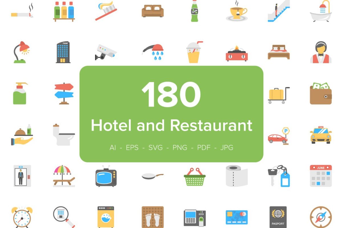 180个酒店和餐厅图标素材 180 Hotel and Restaurant Flat Icons
