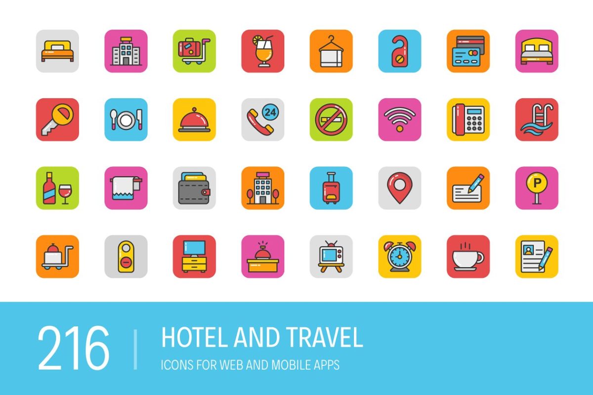 216个酒店和旅游图标素材 216 Hotel and Travel Icons